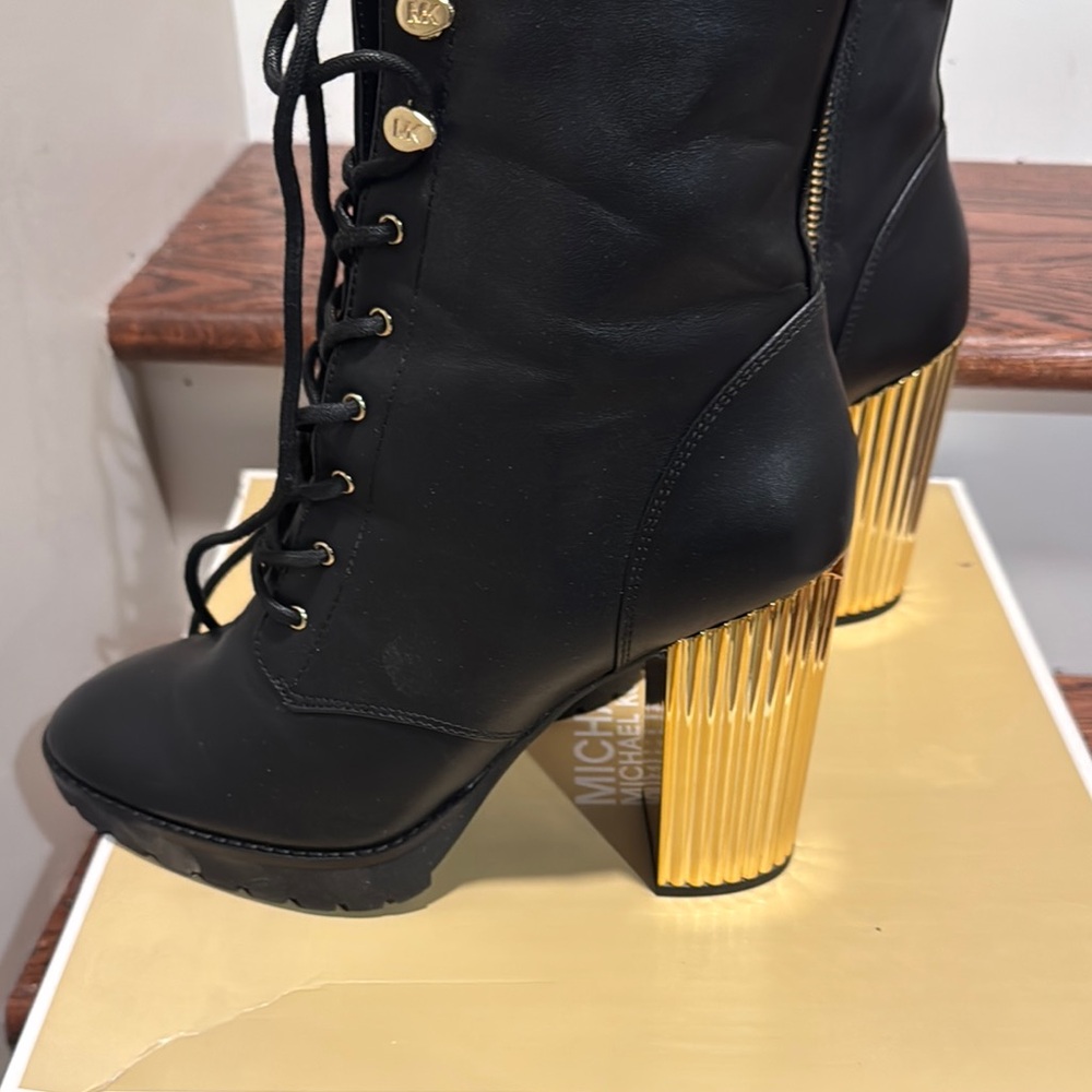 Michael Kors Black and Gold Heeled Boots with Chunky Heel